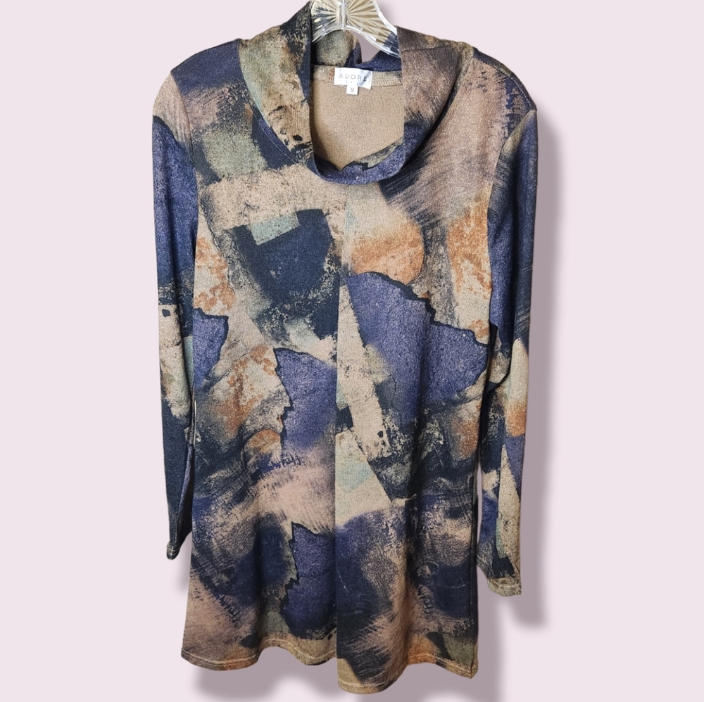 ADORE Long Sleeve Multi-Color Print Cowl Neck Tunic (M)